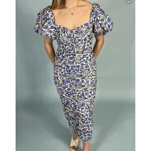 Mable Blue Floral Puff Sleeve Midi Dress Size M